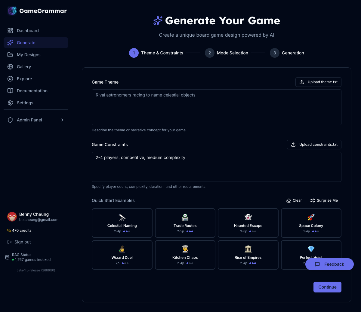 GameGrammar - AI-powered board game design interface showing the generate wizard with theme input and quick start examples